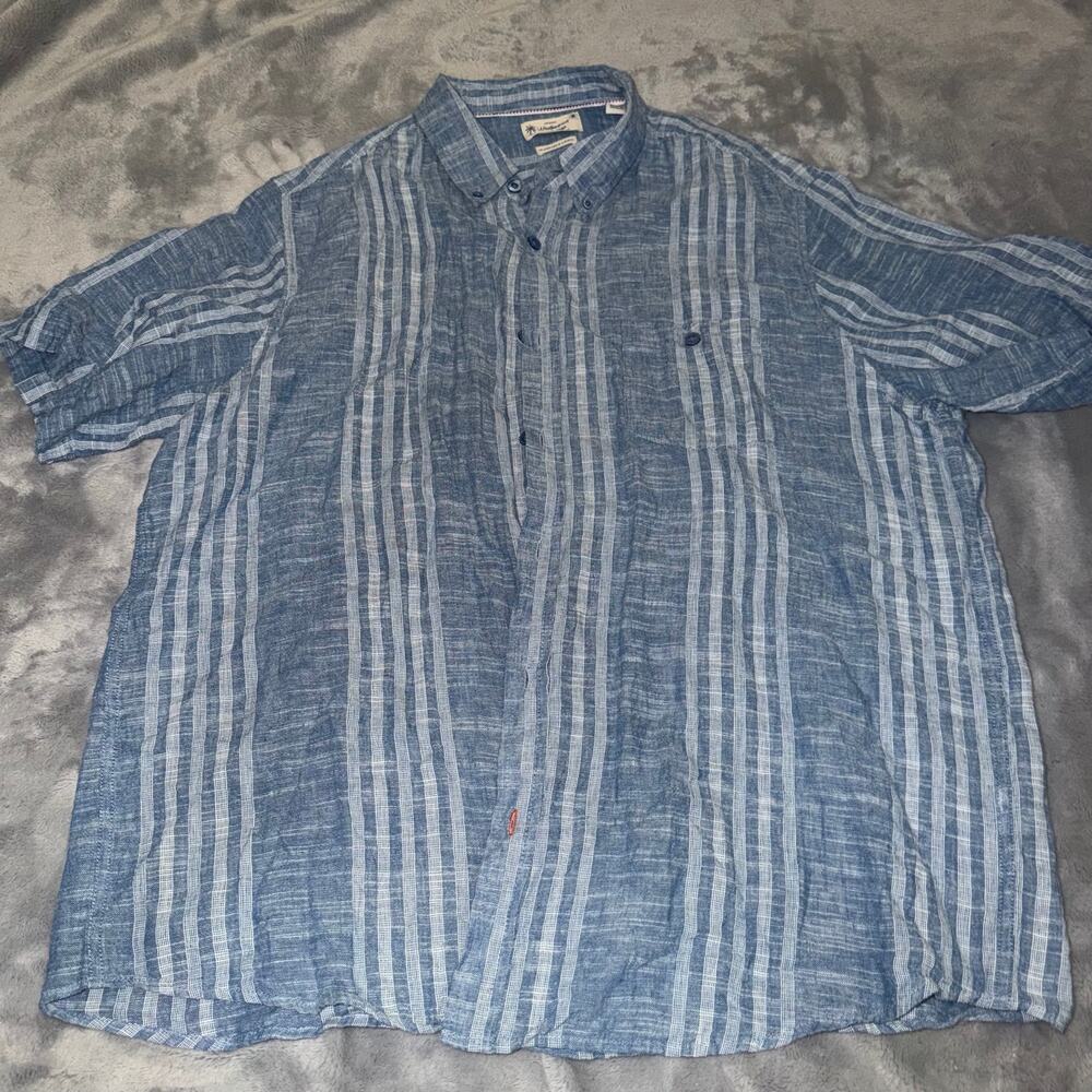 Weatherproof Vintage Blue Striped Linen Shirt Men’s XXL Short Sleeve Button